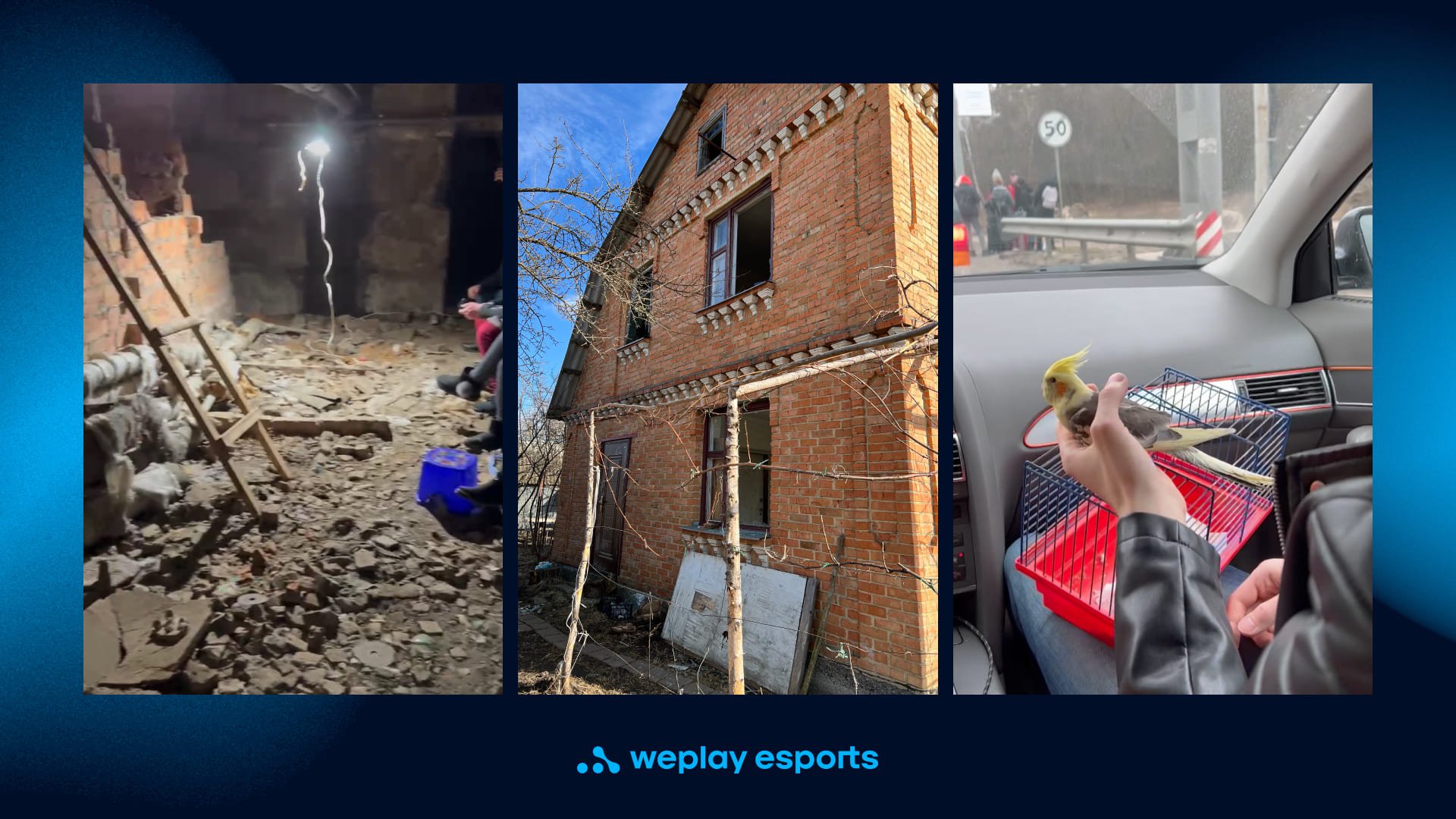 Basement where Nataliia was hiding / Cottage with windows shattered by explosions / Evacuation. Credit: WePlay Holding