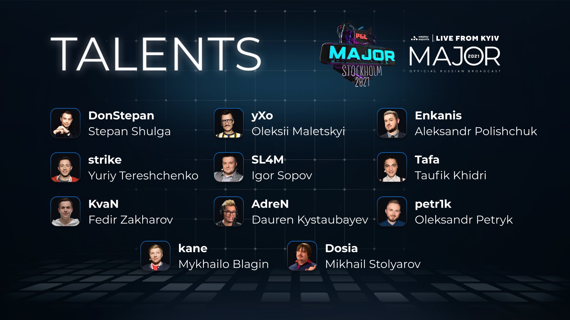 Talents of the Russian-language broadcast of the PGL Major Stockholm 2021. Image: WePlay Holding